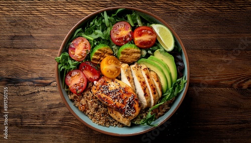 A colorful and nutritious salad bowl featuring quinoa, juicy tomatoes, tender grilled chicken