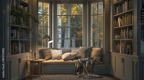 A cozy reading nook with a bay window seat