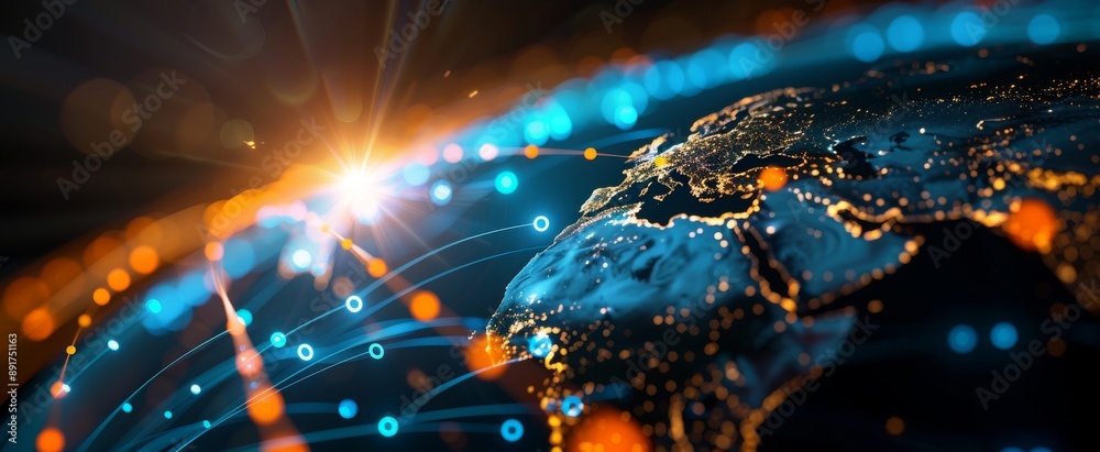 Digital background featuring an earth with blue and orange lights, global network connection Digital background featuring an earth with blue and orange lights, global network connection