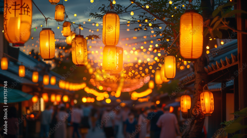 Obraz premium Evening Street Festival with Hanging Lanterns and Crowd