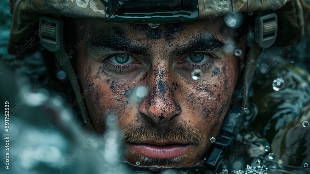 Close-up of a soldier's muddy face with intense eyes, wearing a helmet, partially submerged in water. Close-up of a soldier's muddy face with intense eyes, wearing a helmet, partially submerged in water.