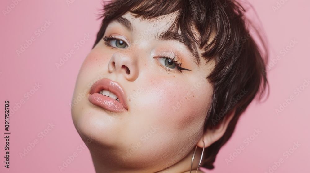 Confident Young Woman with Soft Makeup on Pink Background Confident Young Woman with Soft Makeup on Pink Background
