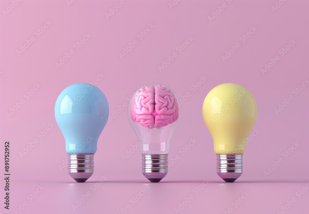 3 light bulbs with colorful brains inside, on a pastel pink background, in a minimalistic 3 light bulbs with colorful brains inside, on a pastel pink background, in a minimalistic