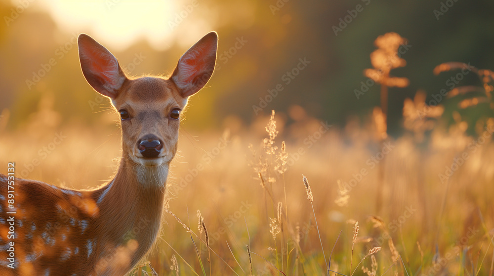 A deer + grazes + in the meadow + during the peaceful twilight. A deer + grazes + in the meadow + during the peaceful twilight.