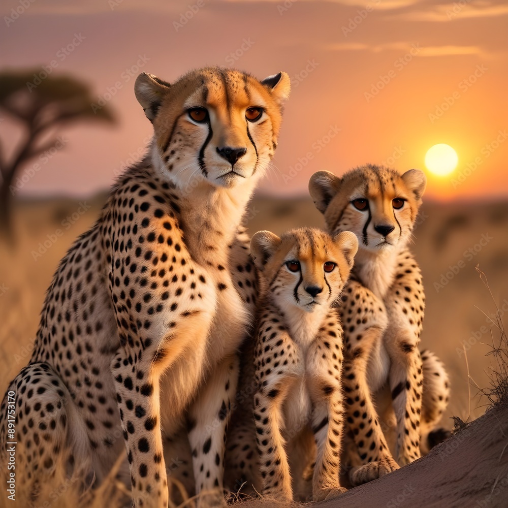 a family of cheetahs are standing in the dry forest a family of cheetahs are standing in the dry forest