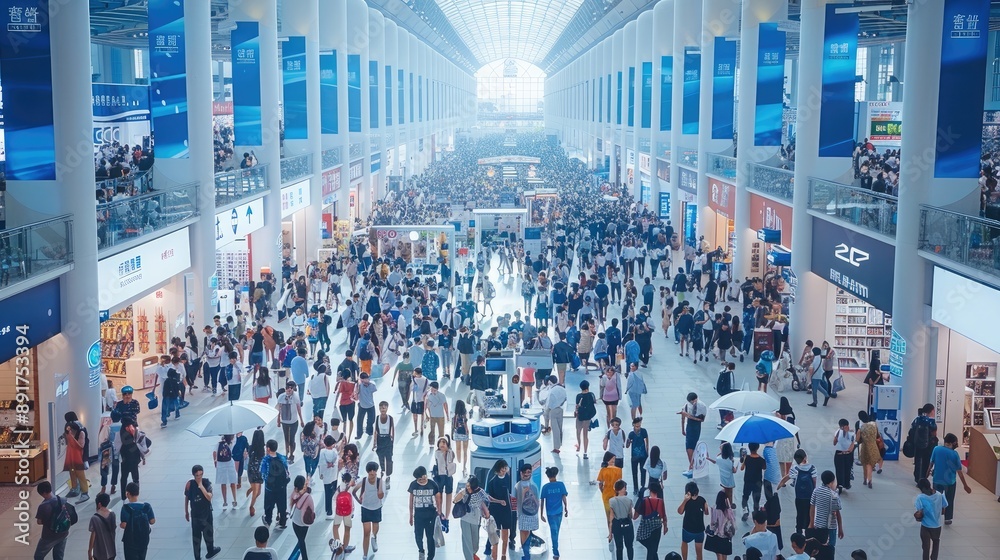 Obraz premium An extremely large crowd of young people at the bustling job fair in China. The entire scene has white and blue walls with many high-tech booth stalls displaying various products on both sides.