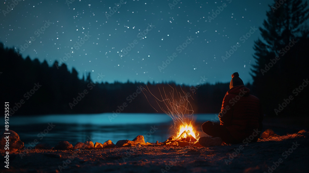 A lone traveler + sits by a campfire, stars twinkling above, as a gentle breeze + whispers through the trees. A lone traveler + sits by a campfire, stars twinkling above, as a gentle breeze + whispers through the trees.