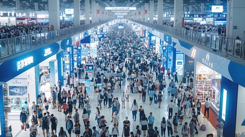Wallpaper Mural An extremely large crowd of young people at the bustling job fair in China. The entire scene has white and blue walls with many high-tech booth stalls displaying various products on both sides. Torontodigital.ca