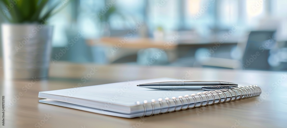 Photo of a pen and notebook on an office desk, with a blurred background of a conference room. Photo of a pen and notebook on an office desk, with a blurred background of a conference room.