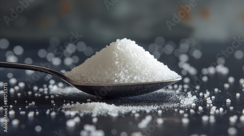 Spoonful of coarse white salt with scattered grains on a dark surface, highlighting texture and granules.