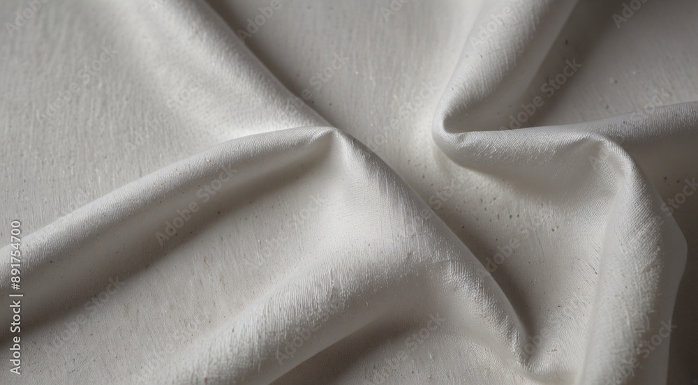 Obraz premium Natural white linen fabric texture with soft folds, elegant draped textile background, organic cotton cloth material for fashion and interior design