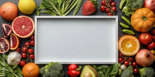 Fototapeta Naklejka Na Ścianę i Meble -  A mock-up product photography showcasing a plain white center frame, with an array of fresh fruits and vegetables emerging from behind. Generative AI.