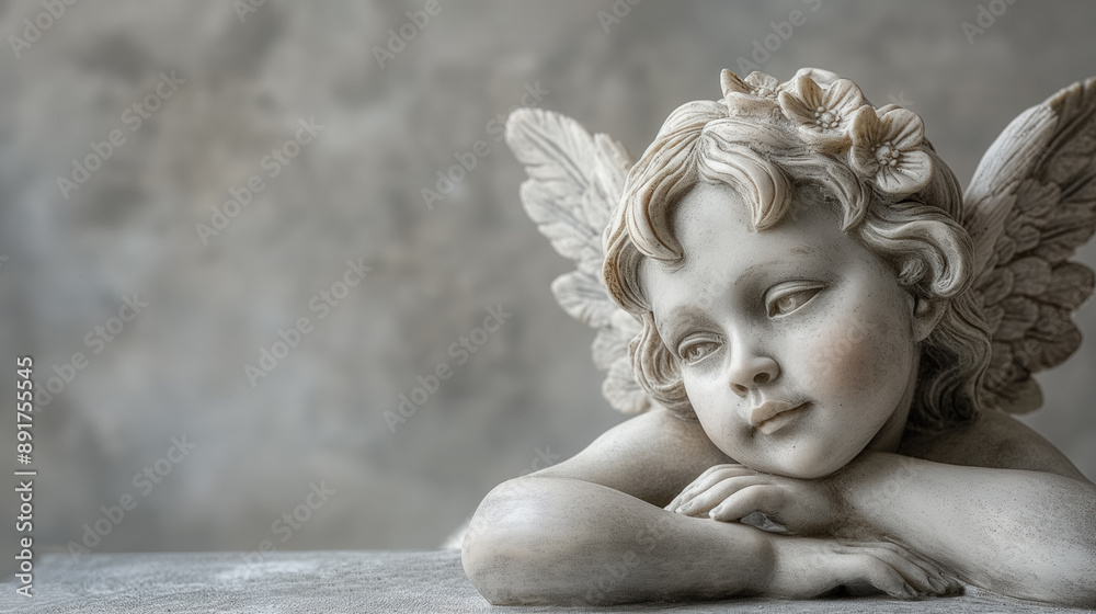 Marble statue of a pensive cherub with wings, resting its head on folded arms. Marble statue of a pensive cherub with wings, resting its head on folded arms.
