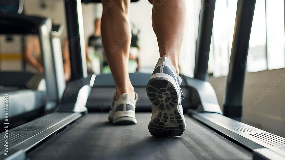 Close-up of man feet on a treadmill running at the gym or at home Close-up of man feet on a treadmill running at the gym or at home