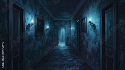 Dimly lit eerie hallway with blue walls and closed doors, creating a sense of mystery and suspense in an old building.