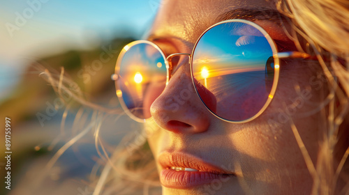 Woman Watching Sunset Reflected in Round Sunglasses

