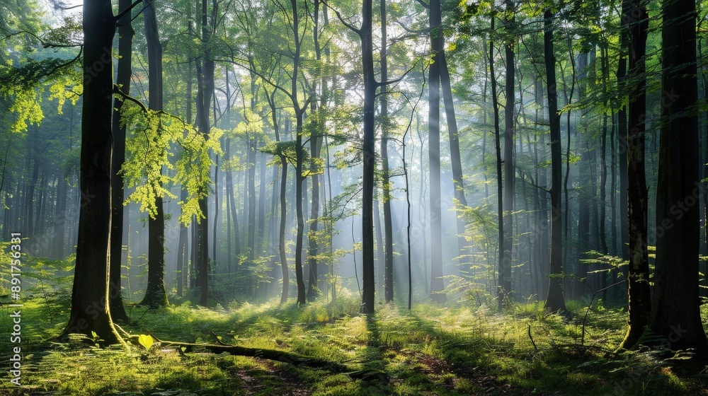 Sunlight streams through the mist in a dense forest, illuminating the tall trees and green undergrowth