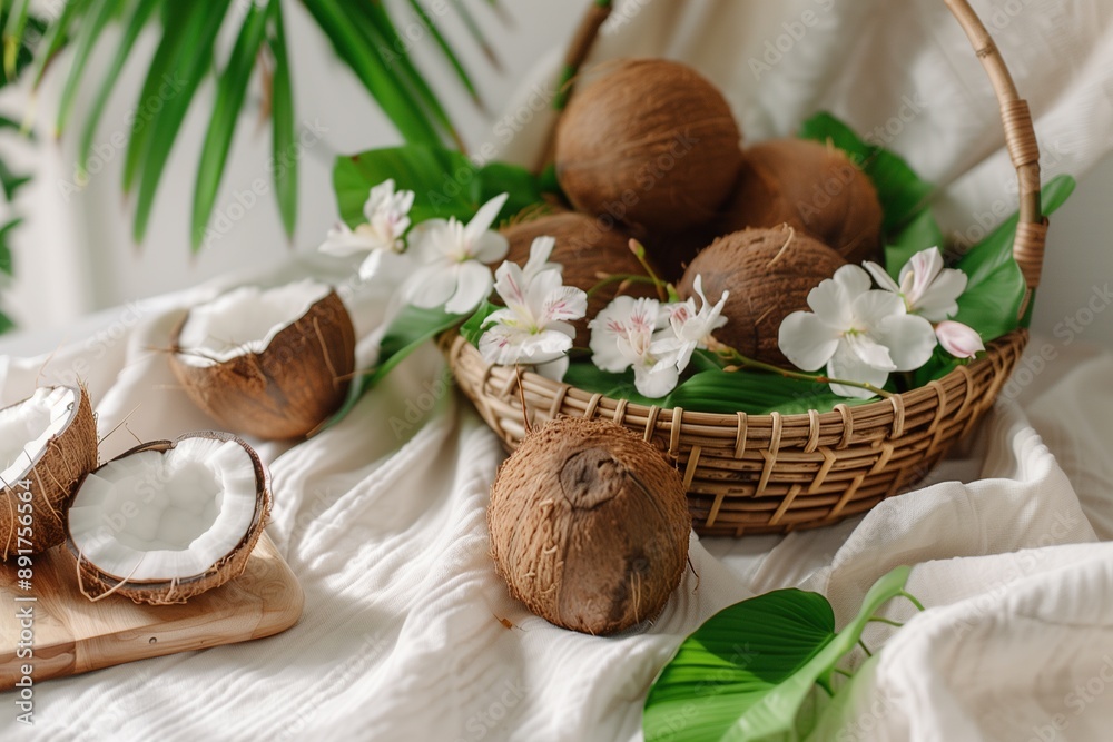 Small Wicker Basket of Coconuts with Green Leaves and Flowers on White Tablecloth. Vibrant Colors in Natural Light, Photography Small Wicker Basket of Coconuts with Green Leaves and Flowers on White Tablecloth. Vibrant Colors in Natural Light, Photography