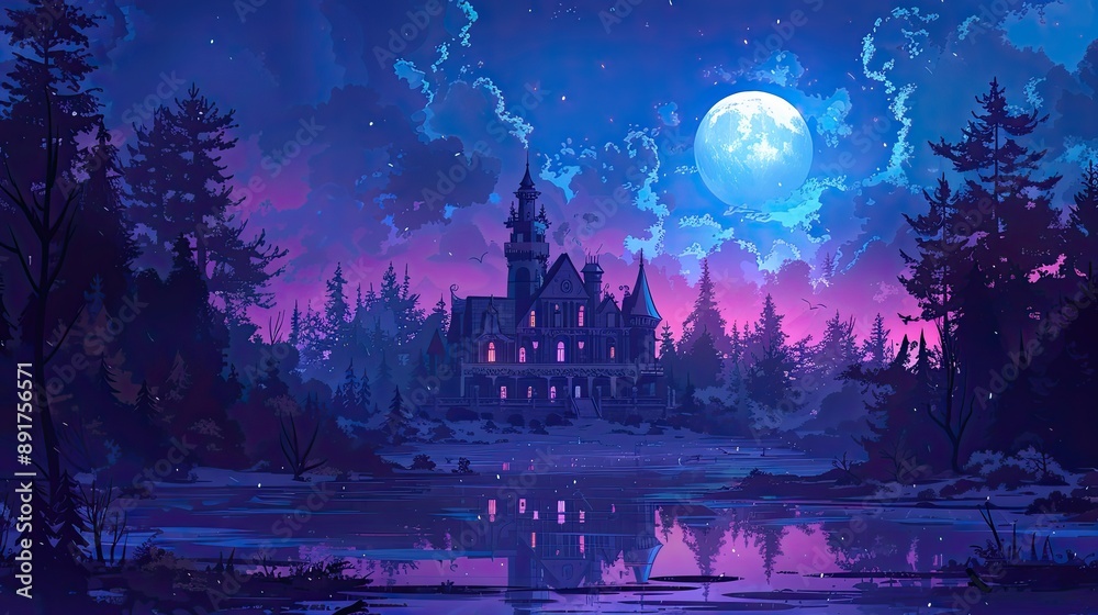 Enchanted castle under a full moon sky with vibrant colors reflecting on a tranquil lake, surrounded by mystical forest. Enchanted castle under a full moon sky with vibrant colors reflecting on a tranquil lake, surrounded by mystical forest.
