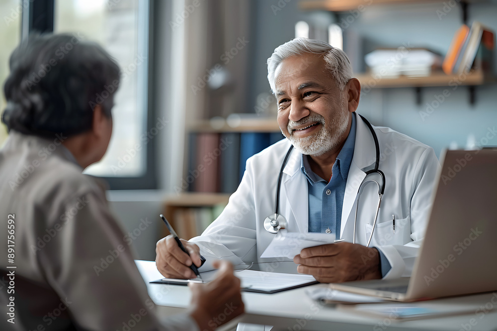 Fototapeta premium Elderly Indian Female Doctor in White Coat Assisting Male Patient