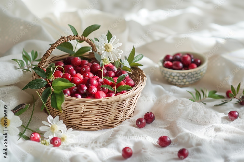 Small Wicker Basket of Cranberries with Green Leaves and Flowers on White Tablecloth. Vibrant Colors in Natural Light, Macro Photography Small Wicker Basket of Cranberries with Green Leaves and Flowers on White Tablecloth. Vibrant Colors in Natural Light, Macro Photography