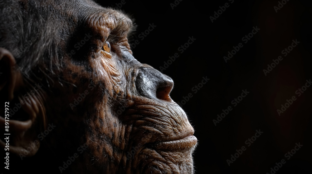 Close-up profile of a chimpanzee's face in thoughtful expression against a dark background. Close-up profile of a chimpanzee's face in thoughtful expression against a dark background.
