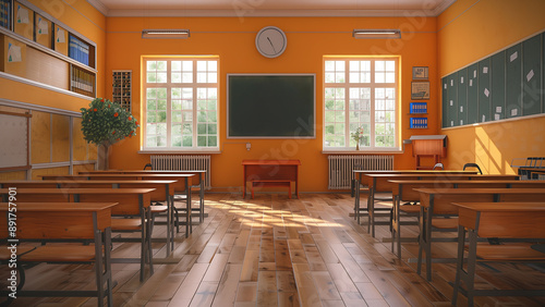 A well-organized classroom setup, showcasing rows of desks, a large chalkboard, and bright lighting. For educational and classroom setting concepts.