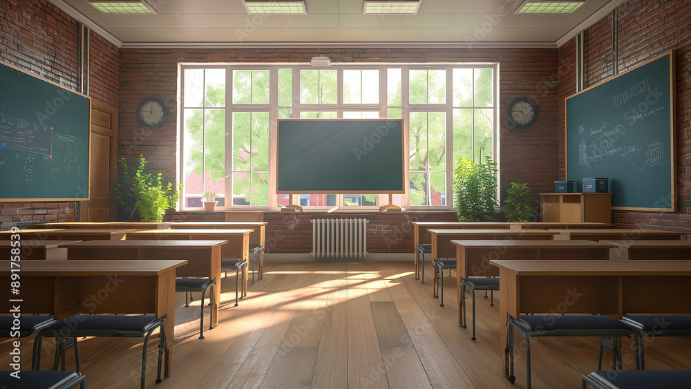 A spacious and tidy school classroom features neatly arranged desks and a prominent chalkboard. For educational and classroom setting concepts. A spacious and tidy school classroom features neatly arranged desks and a prominent chalkboard. For educational and classroom setting concepts.