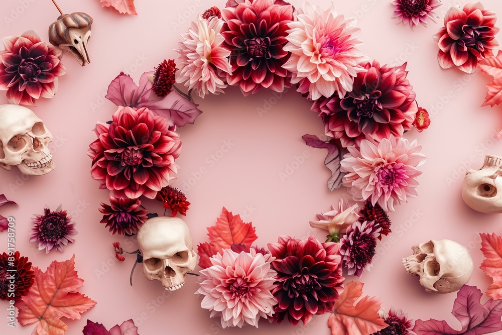 pastel peach and burgundy red autumn wreath with dahlias and skulls flat lay for Halloween
