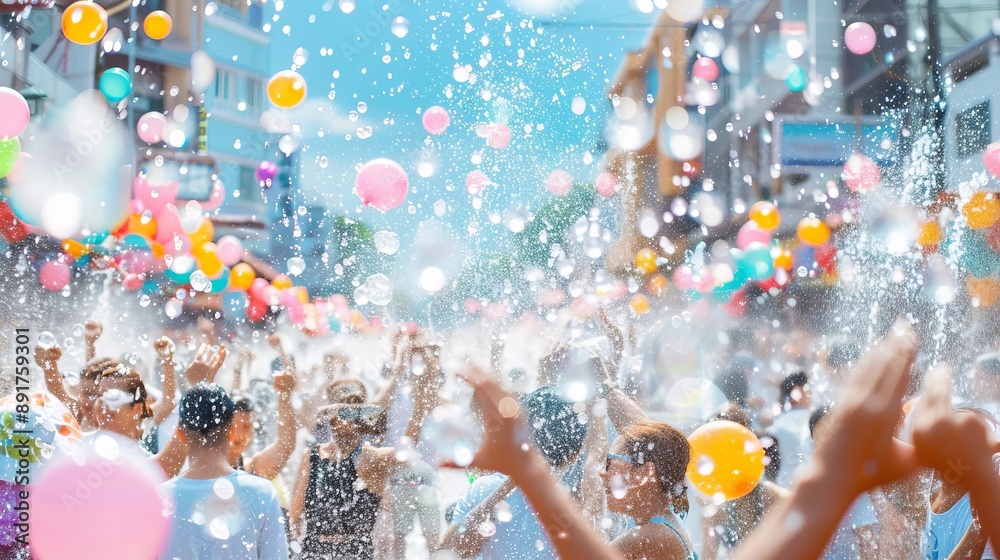 Fototapeta premium Songkran water festival in Thailand, streets filled with water fights