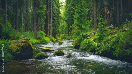 A peaceful river meanders through a dense forest, surrounded by vibrant green trees and foliage