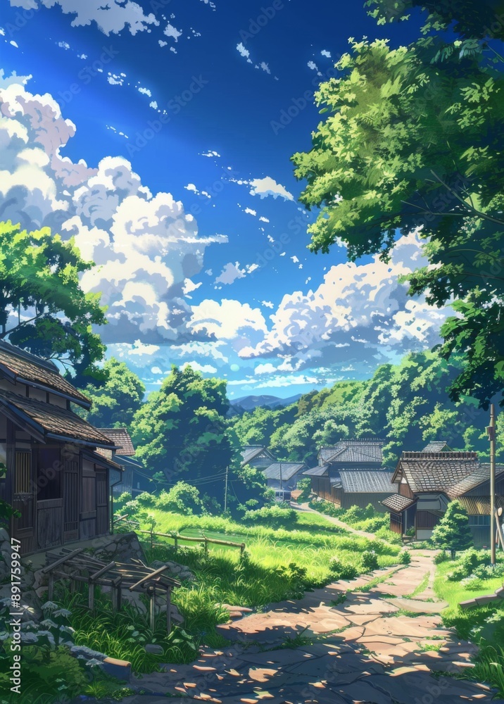 Japanese anime-style scene with blue sky, white clouds, sunshine, and distant houses and fields Japanese anime-style scene with blue sky, white clouds, sunshine, and distant houses and fields
