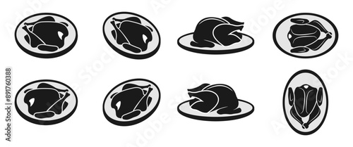 roast turkey or grilled chicken icon set, for banquet and thanksgiving concept. vector illustration isolated on white background.