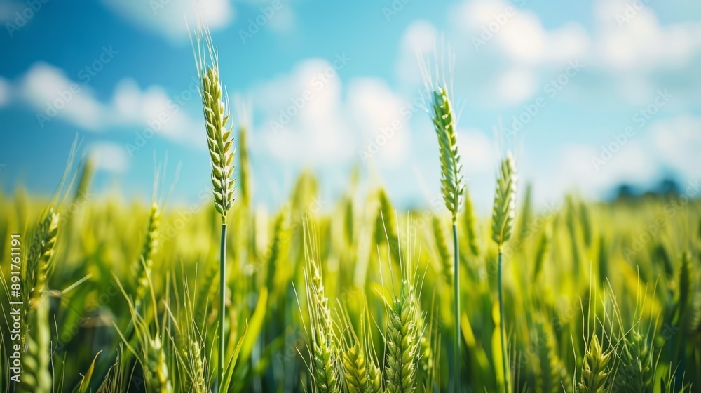 Picture of lush green wheat field under a bright blue sky. This is a beautiful nature shot perfect for backgrounds and agricultural themes. The vibrant colors make it visually appealing. AI Picture of lush green wheat field under a bright blue sky. This is a beautiful nature shot perfect for backgrounds and agricultural themes. The vibrant colors make it visually appealing. AI