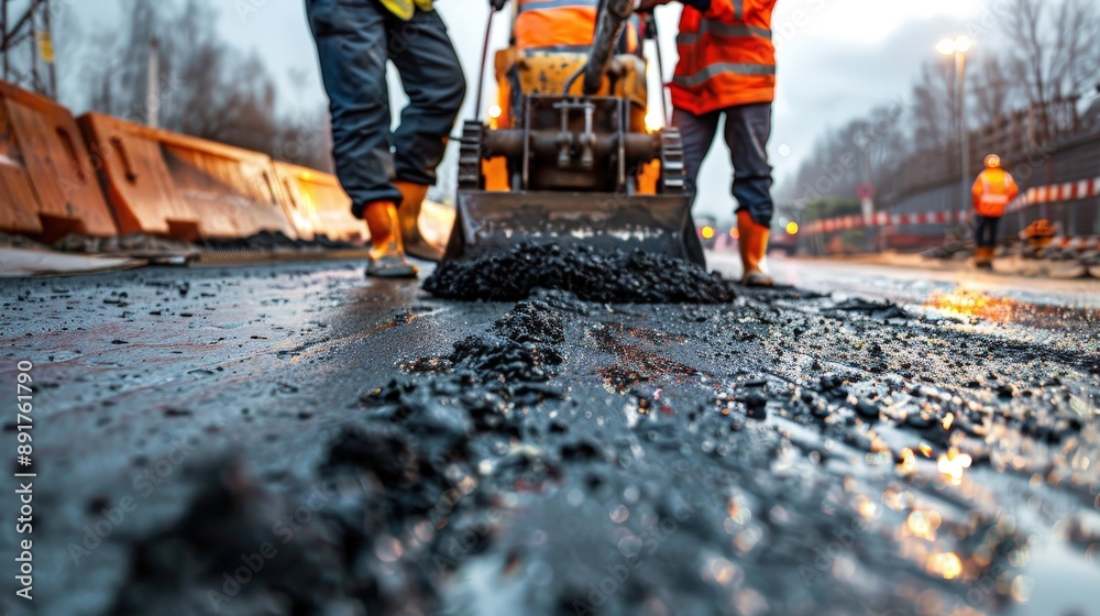 Construction workers lay fresh asphalt on a highway, using a small paver to spread the hot material Construction workers lay fresh asphalt on a highway, using a small paver to spread the hot material