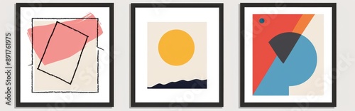 Free Download Three Simple Line Art Illustrations of Picture Frames with Landscapes: Black and White, Red, Pink, and Yellow, and Blue and Orange - GFXLoad