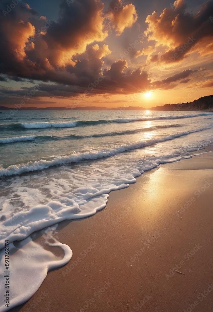 Obraz premium Dramatic sky over beach and seascape at sunset
