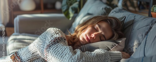 Woman with fibromyalgia resting on a couch, cozy home environment, chronic pain daytoday life photo