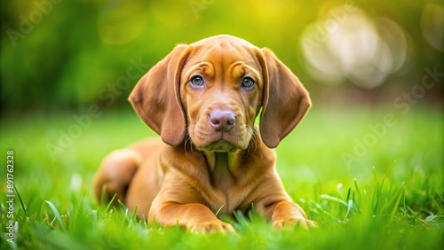 Vizsla puppy with golden fur laying peacefully in lush green grass, fur, green, laying down, peaceful, Vizsla