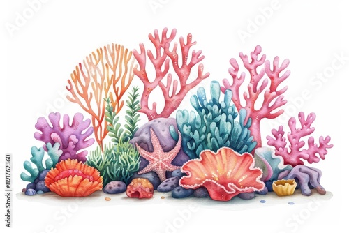 Fototapeta Naklejka Na Ścianę i Meble -  A cute coral reef in a kawaii watercolor painting, isolate on white background, full of vibrant colors