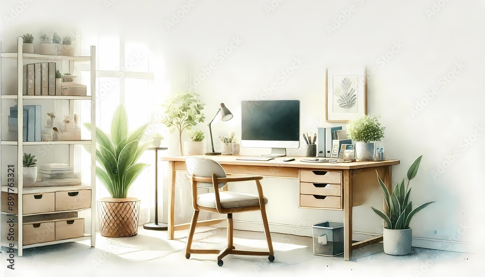 Fototapeta premium Serene Home Office: Remote Work Solutions