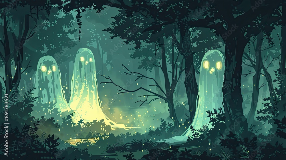 Obraz premium Mysterious forest scene with glowing spectral figures, creating an eerie and enchanting atmosphere in a misty woodland setting.