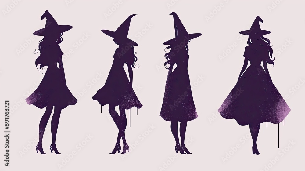 Silhouettes of four stylish witches wearing pointy hats and dresses, perfect for Halloween decoration and design themes. Silhouettes of four stylish witches wearing pointy hats and dresses, perfect for Halloween decoration and design themes.