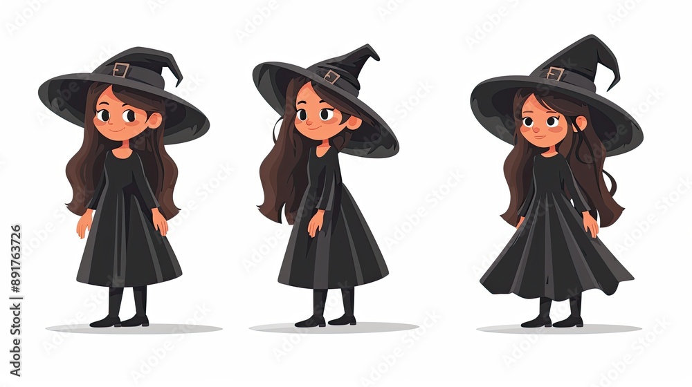 Set of three cartoon witch characters wearing black dresses and hats, ideal for Halloween-themed designs and illustrations. Set of three cartoon witch characters wearing black dresses and hats, ideal for Halloween-themed designs and illustrations.