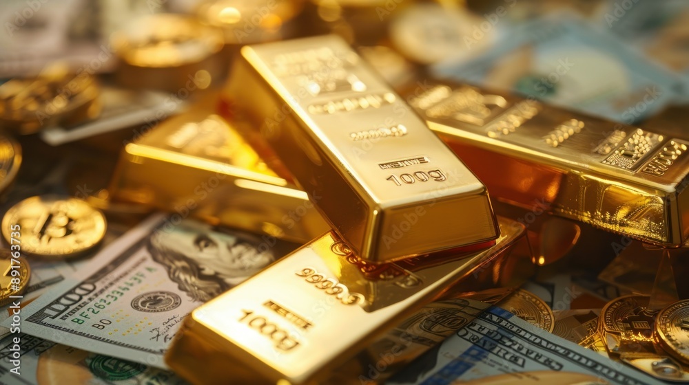 Gold bars and Bitcoin coins on a bed of US dollar bills Gold bars and Bitcoin coins on a bed of US dollar bills