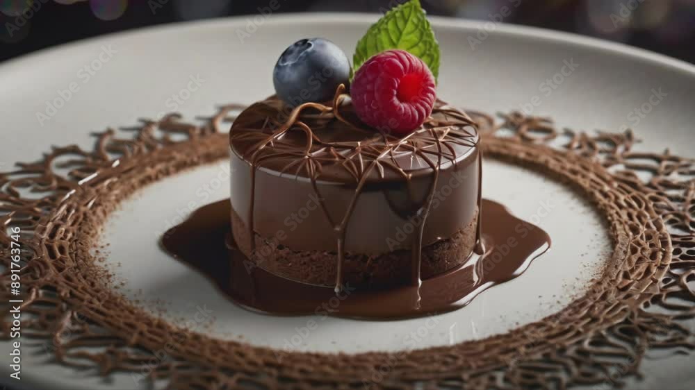 Chocolate cake on a white plate with beautiful decorations, seamless looping 4k animation video background Chocolate cake on a white plate with beautiful decorations, seamless looping 4k animation video background