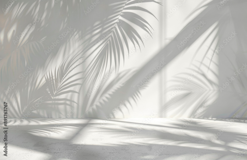 Obraz premium Abstract background with palm shadows on a white wall, a minimalistic summer scene for product presentation in a studio. Background mockup, template