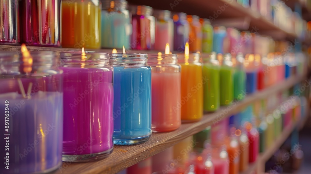 Colorful Candles Illuminating in Various Glass Holders on Wooden Shelves in a Serene Setup Colorful Candles Illuminating in Various Glass Holders on Wooden Shelves in a Serene Setup