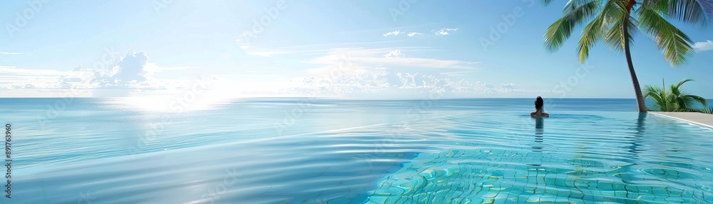 Obraz premium Infinity pool overlooking tropical ocean, person swimming to the edge