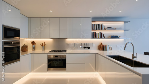 Modern kitchen photography showcasing a sleek, streamlined design with an emphasis on minimalism, featuring stainless steel appliances, glass countertops, generative ai